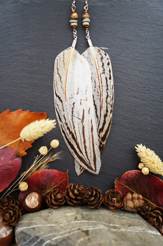 Federohrringe Silberfasan – Boho Schmuck, handgemacht, 15–17 cm, ultraleicht