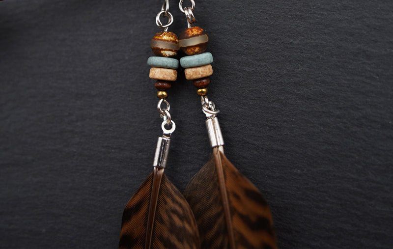 Federohrringe Goldfasan – Boho Schmuck, handgemacht, 13–15 cm, ultraleicht