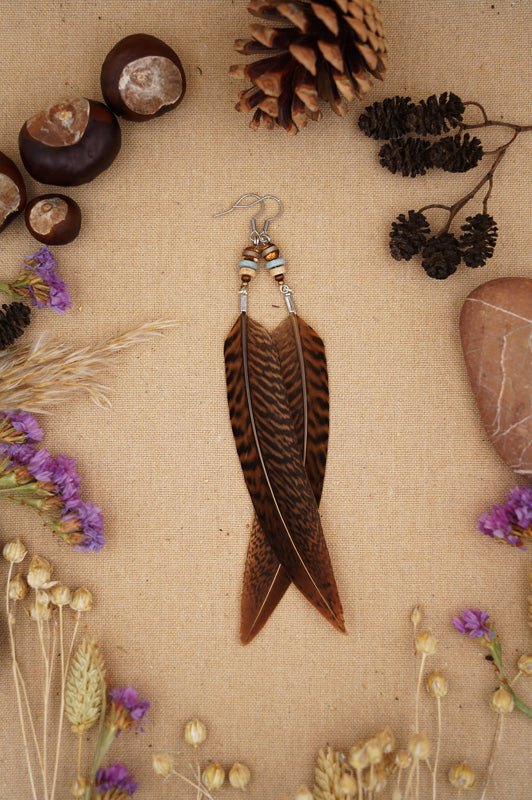 Federohrringe Goldfasan – Boho Schmuck, handgemacht, 13–15 cm, ultraleicht
