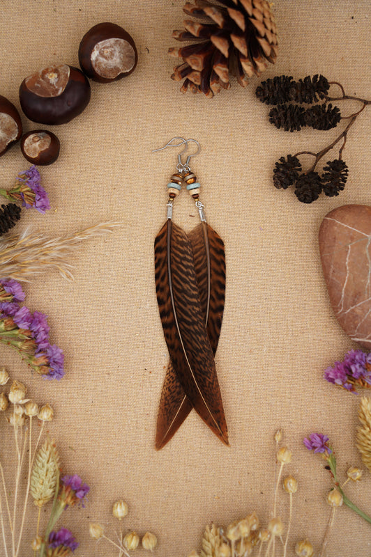 Federohrringe Goldfasan – Boho Schmuck, handgemacht, 13–15 cm, ultraleicht