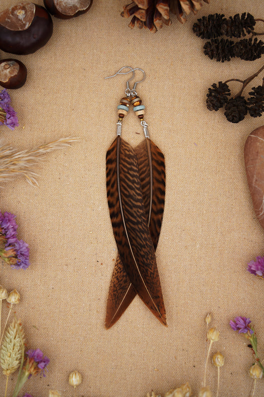 Federohrringe Goldfasan – Boho Schmuck, handgemacht, 13–15 cm, ultraleicht