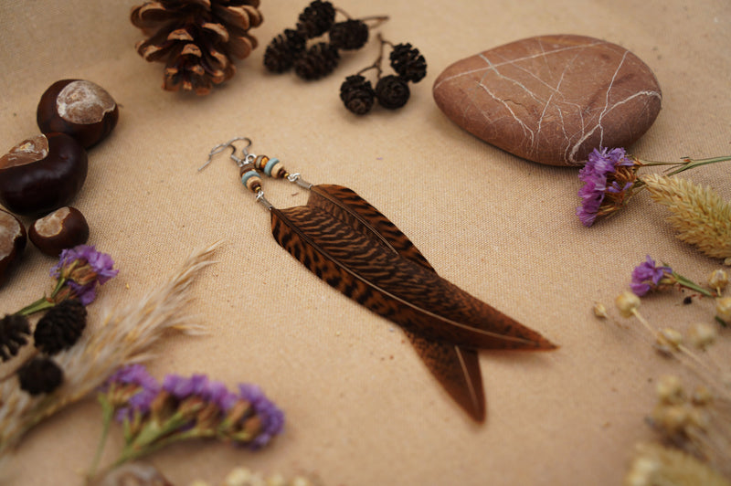 Federohrringe Goldfasan – Boho Schmuck, handgemacht, 13–15 cm, ultraleicht