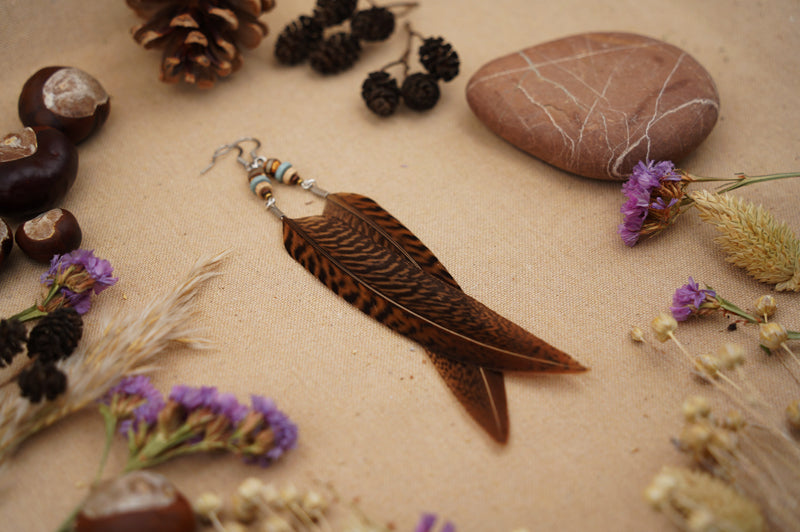 Federohrringe Goldfasan – Boho Schmuck, handgemacht, 13–15 cm, ultraleicht