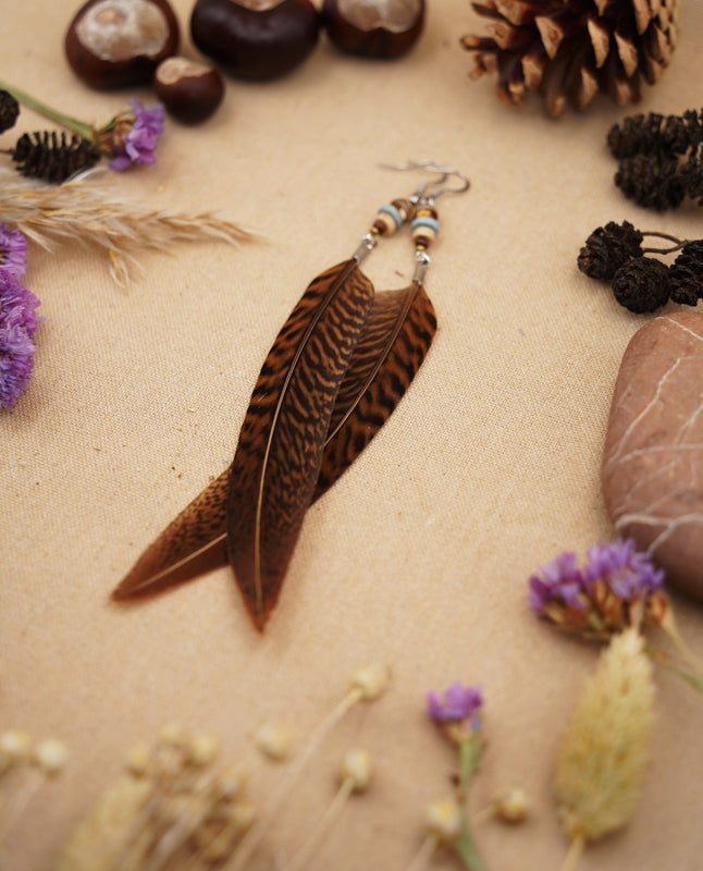 Federohrringe Goldfasan – Boho Schmuck, handgemacht, 13–15 cm, ultraleicht