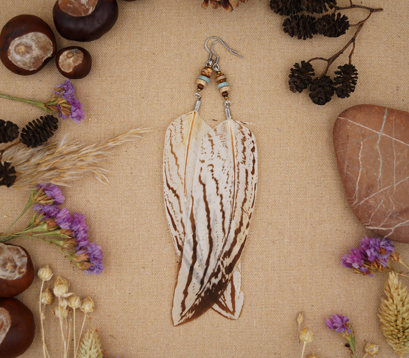 Federohrringe Silberfasan – Boho Schmuck, handgemacht, 15–17 cm, ultraleicht