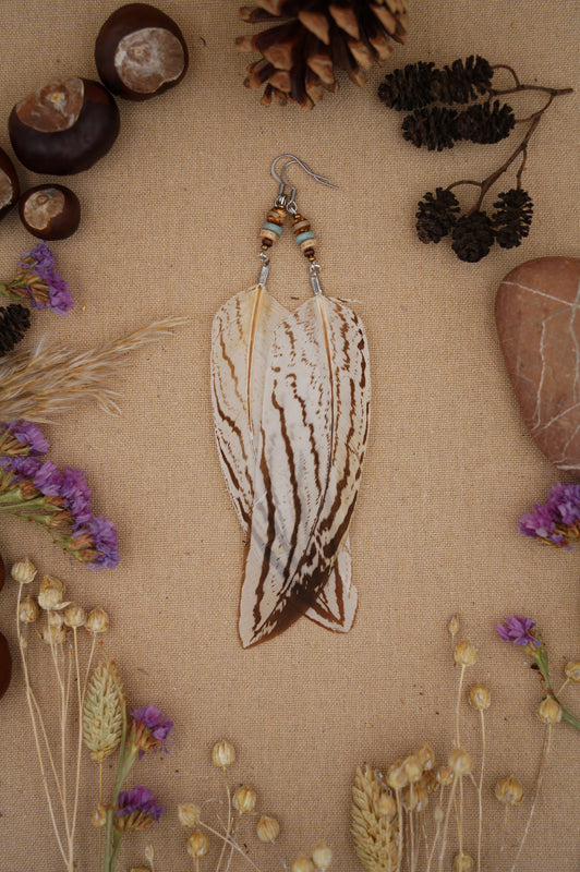 Federohrringe Silberfasan – Boho Schmuck, handgemacht, 15–17 cm, ultraleicht