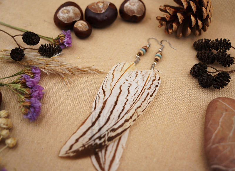 Federohrringe Silberfasan – Boho Schmuck, handgemacht, 15–17 cm, ultraleicht