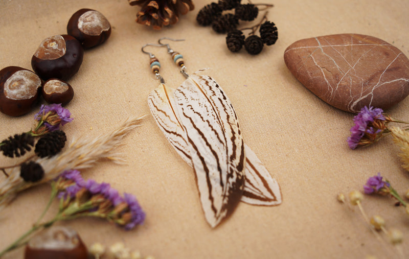 Federohrringe Silberfasan – Boho Schmuck, handgemacht, 15–17 cm, ultraleicht