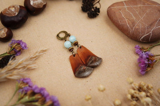 Handgemachte Kiefernzapfen-Ohrringe mit Aquamarin & Keramikscheiben | Boho Natur-Schmuck | Nachhaltig & Authentisch
