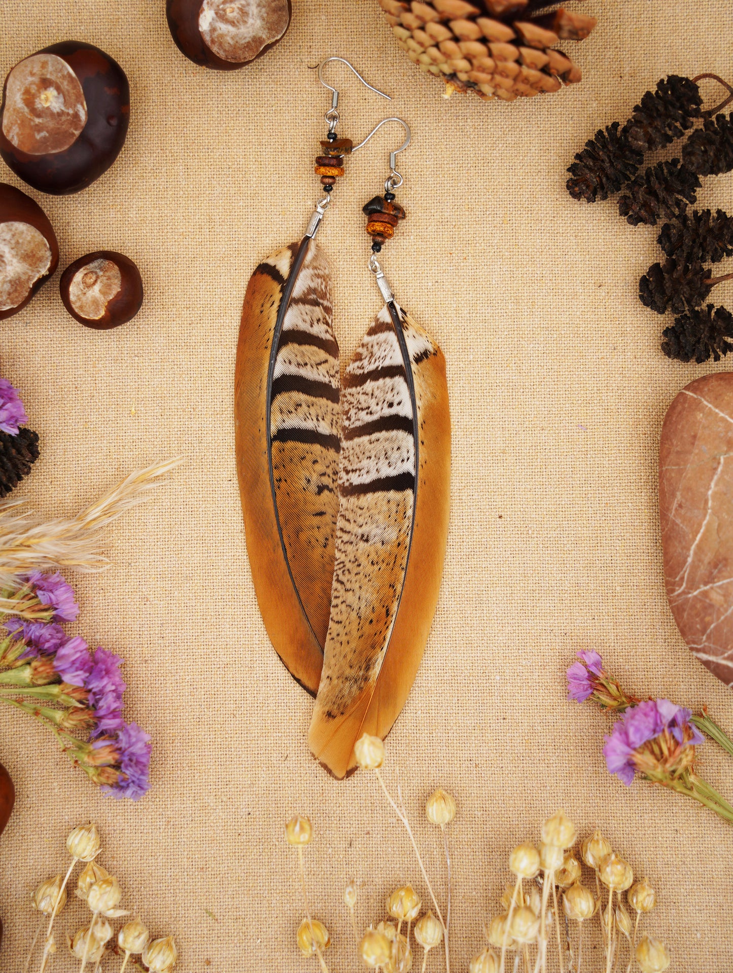 Federohrringe Königsfasan – Boho Schmuck, handgemacht, 13–15 cm, ultraleicht