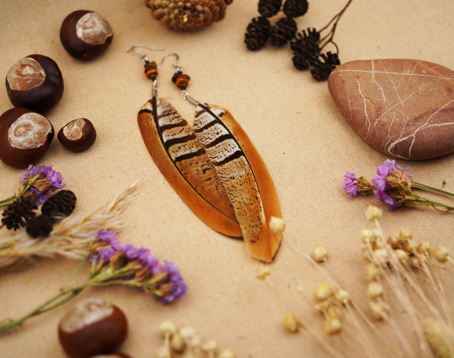 Federohrringe Königsfasan – Boho Schmuck, handgemacht, 13–15 cm, ultraleicht
