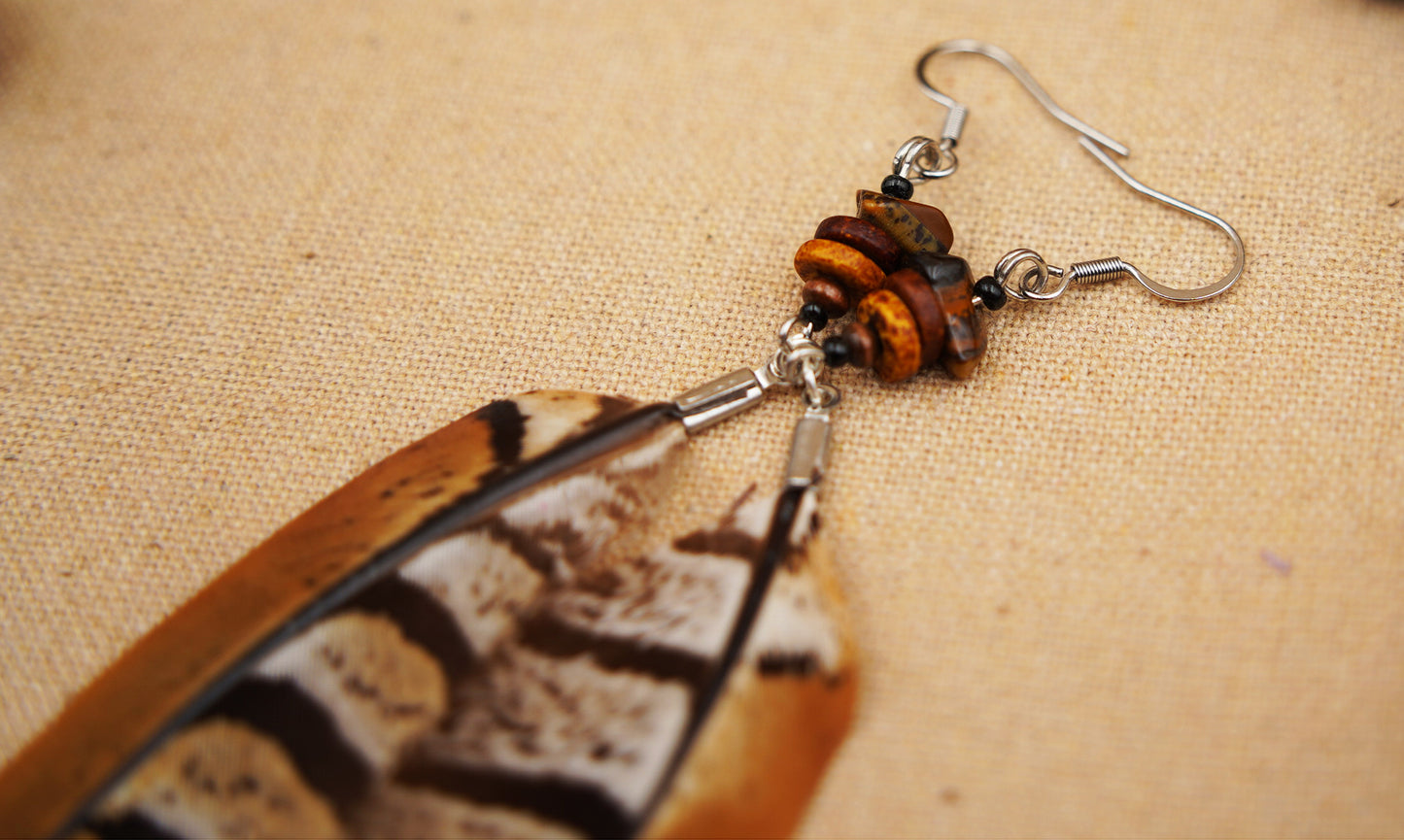 Federohrringe Königsfasan – Boho Schmuck, handgemacht, 13–15 cm, ultraleicht