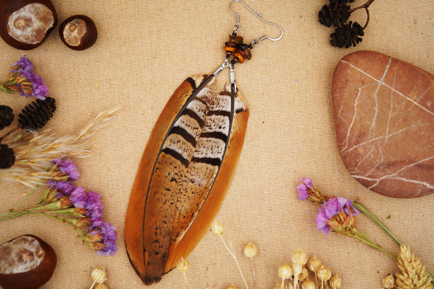 Federohrringe Königsfasan – Boho Schmuck, handgemacht, 13–15 cm, ultraleicht