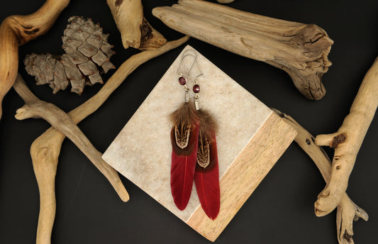 Feder Ohrringe mit Granat in Silber – Rote Gänsefeder, Wildfasan Rupffeder