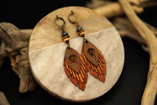 Fimonacci Leaves – Holzohrringe mit Türkis & Logo-Ausschnitt