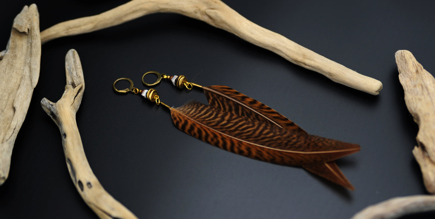 Federohrringe Goldfasan – Boho Schmuck, handgemacht, 13–15 cm, ultraleicht