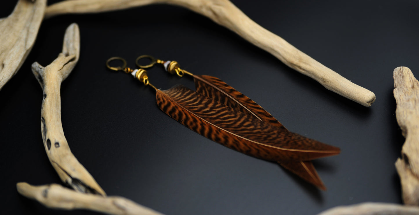 Federohrringe Goldfasan – Boho Schmuck, handgemacht, 13–15 cm, ultraleicht