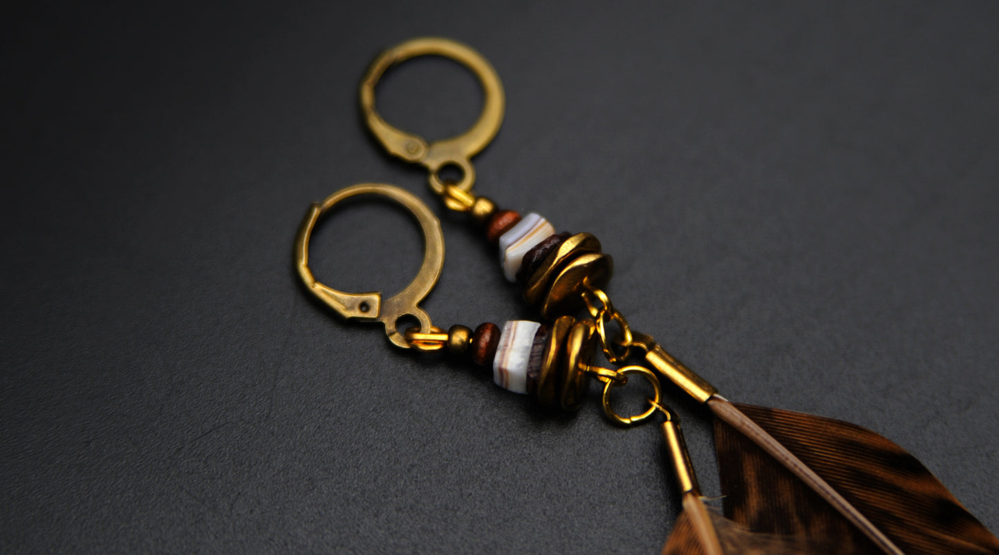 Federohrringe Goldfasan – Boho Schmuck, handgemacht, 13–15 cm, ultraleicht