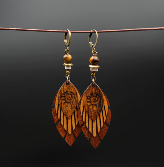 Ohrringe »Fimonacci Leaves II – Sonnenpfad« – Holz & Tigerauge