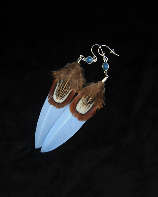 Feder Ohrringe mit Chalcedon in Silber – Hellblaue Gänsefeder, Wildfasan Rupffeder