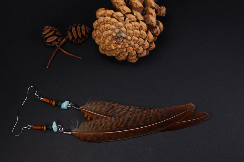Federohrringe Goldfasan – Boho Schmuck, handgemacht, 13–15 cm, ultraleicht