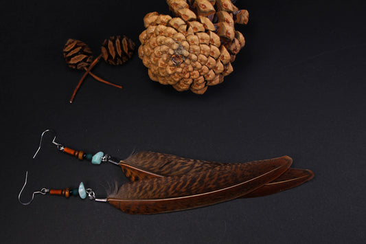 Federohrringe Goldfasan – Boho Schmuck, handgemacht, 13–15 cm, ultraleicht