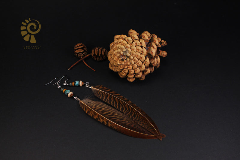 Federohrringe Goldfasan – Boho Schmuck, handgemacht, 13–15 cm, ultraleicht