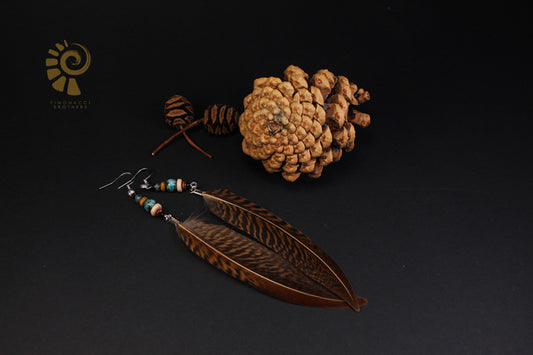 Federohrringe Goldfasan – Boho Schmuck, handgemacht, 13–15 cm, ultraleicht