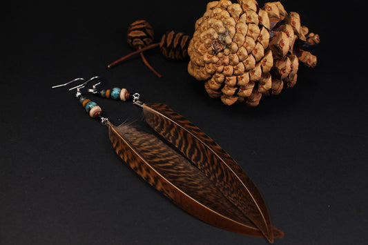 Federohrringe Goldfasan – Boho Schmuck, handgemacht, 13–15 cm, ultraleicht