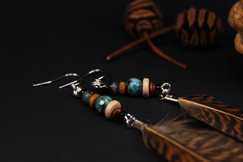 Federohrringe Goldfasan – Boho Schmuck, handgemacht, 13–15 cm, ultraleicht