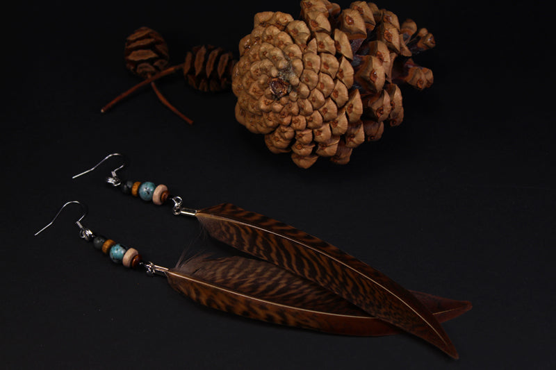 Federohrringe Goldfasan – Boho Schmuck, handgemacht, 13–15 cm, ultraleicht