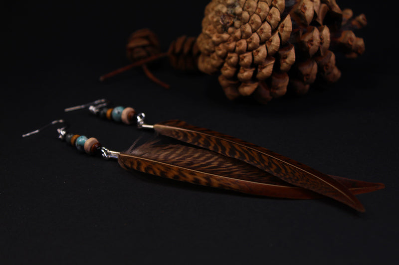 Federohrringe Goldfasan – Boho Schmuck, handgemacht, 13–15 cm, ultraleicht