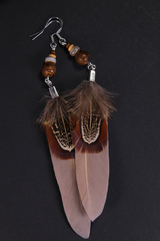 Dusky Pink Feather Earrings with Pheasant Feather – Handmade Boho Drop Earrings – view 2