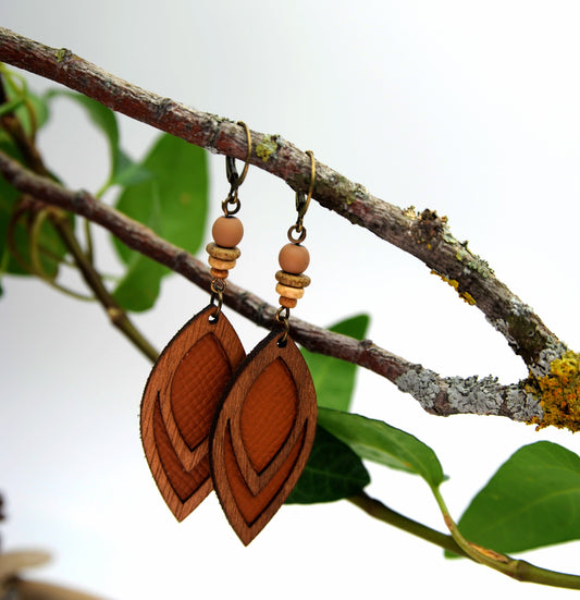 Bohemian Wooden Earrings Made from Veneer & Genuine Leather – Red-Brown Double Leaf, 8 cm – view 2