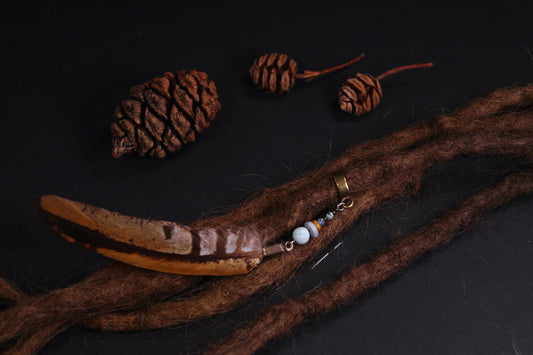 Dread Jewellery with Brown Banded Feather & Light Blue Bead – view 2