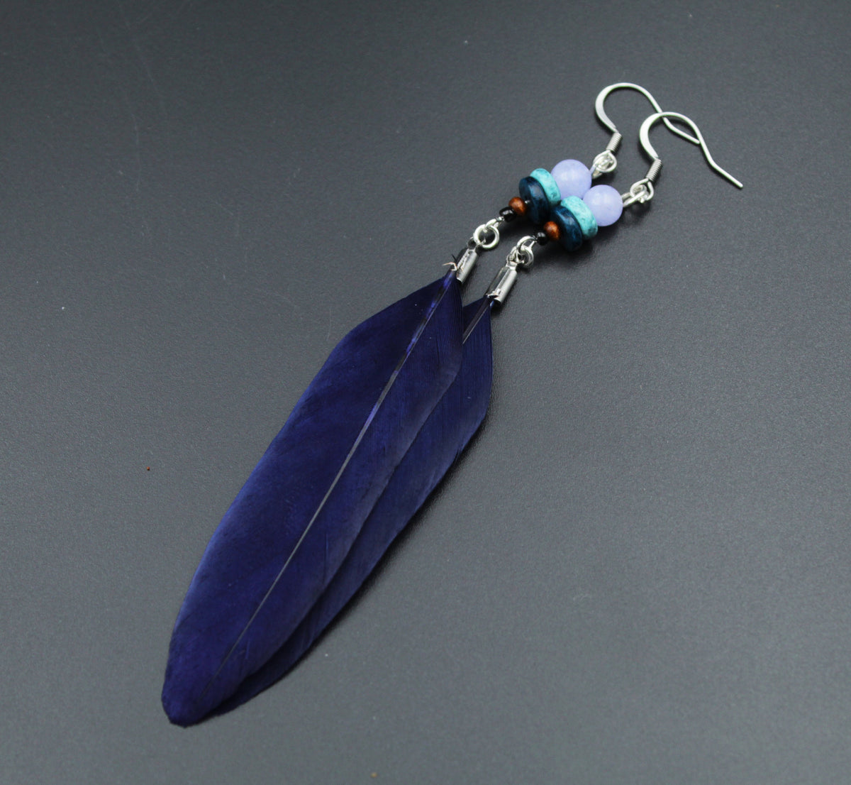 Dark Blue Feather Earrings with Wooden & Mineral Beads – Ethnic Boho Style – view 5
