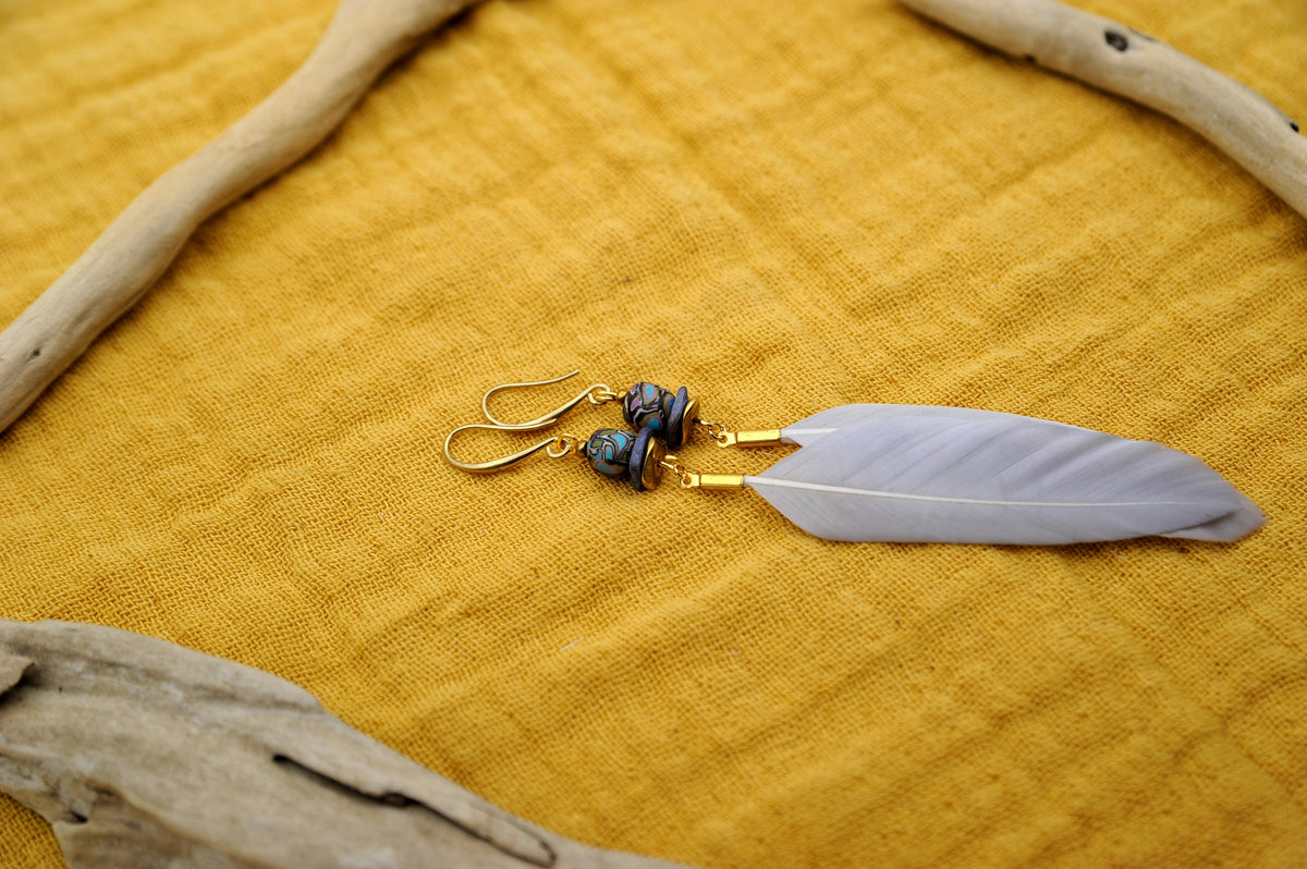 Graue Federohrringe mit Fimo-Perle – Detail
