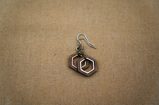 Hexagon Walnut Wood Earrings – Sacred Geometry with Rose Gold Inlay – view 2