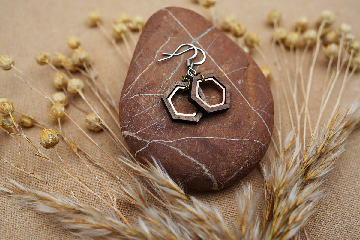Hexagon Walnut Wood Earrings – Sacred Geometry with Rose Gold Inlay – view 8