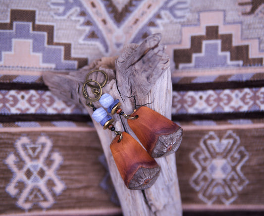 Pine Cone Scale Earrings with Chalcedony – Light Blue & Wood – view 2