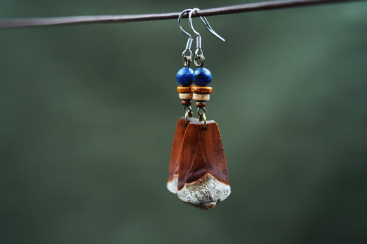 Pine Cone Scale Earrings with Dark Blue Bead – Silver Hooks – view 2