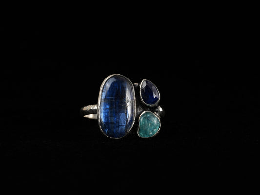 Kyanite Apatite Ring in 925 Silver – Gemstone Ring with 2 or 3 Stones, One of a Kind – view 2
