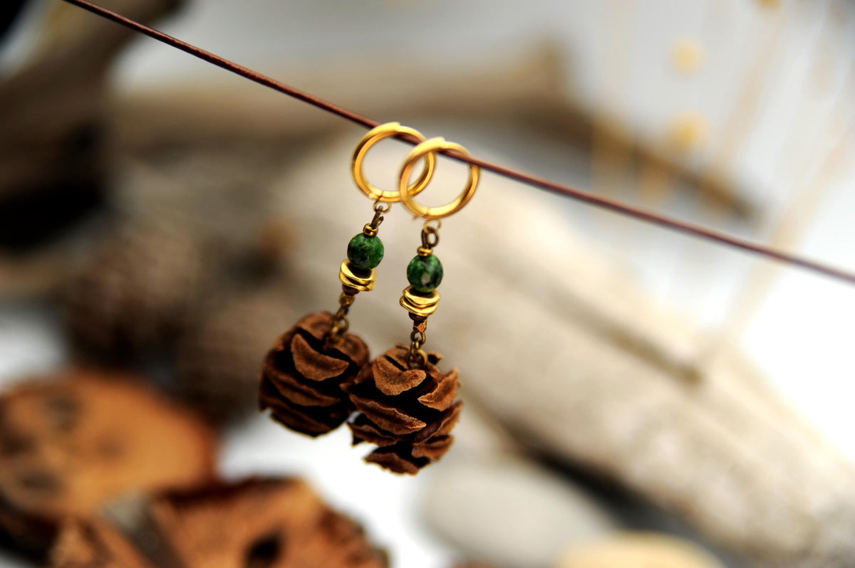 Sequoia Cone Earrings with African Turquoise – Light Nature Earrings, 6 cm – view 8