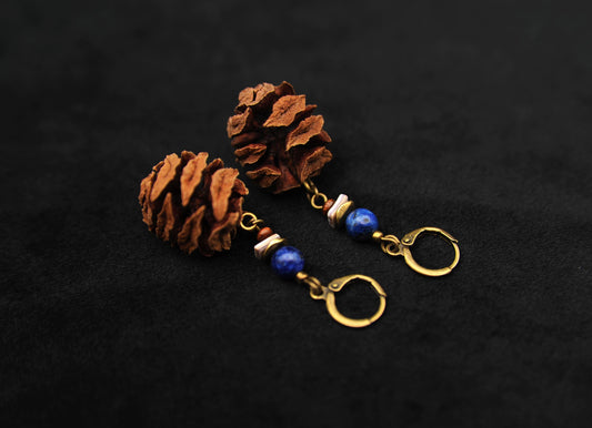 Sequoia Cone Earrings with Lapis Lazuli – Blue, Gold & Brown – view 2