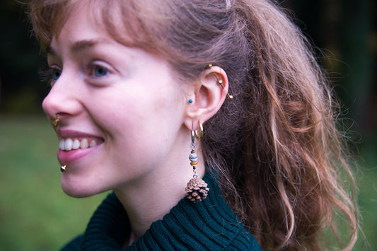 Mini Pine Cone Earrings with Dzi Beads & Ceramic Discs – view 2