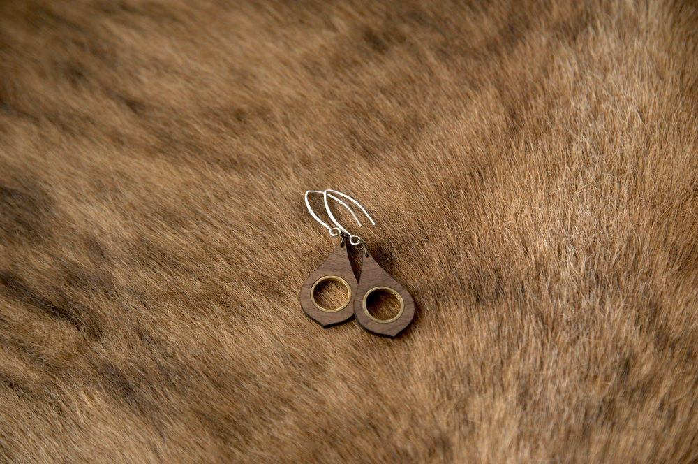 Walnut Wood Teardrop Earrings with Golden Metal Inlay – 925 Silver Hooks – view 9