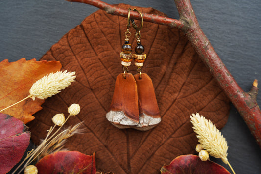 Handgemachte Kiefernzapfen-Ohrringe mit Tigerauge & Picasso-Jaspis