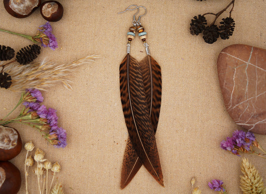 Federohrringe Goldfasan – Boho Schmuck, handgemacht, 13–15 cm, ultraleicht