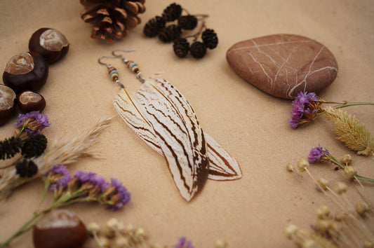Federohrringe Silberfasan – Boho Schmuck, handgemacht, 15–17 cm, ultraleicht