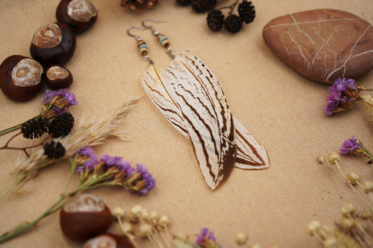 Federohrringe Silberfasan – Boho Schmuck, handgemacht, 15–17 cm, ultraleicht